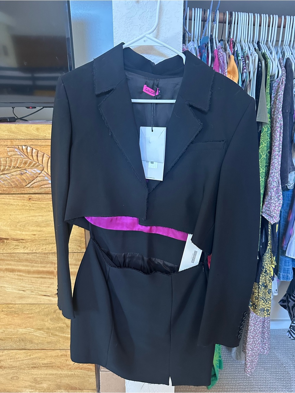 Women’s Black Cropped Blazer Dress with Pink Lining